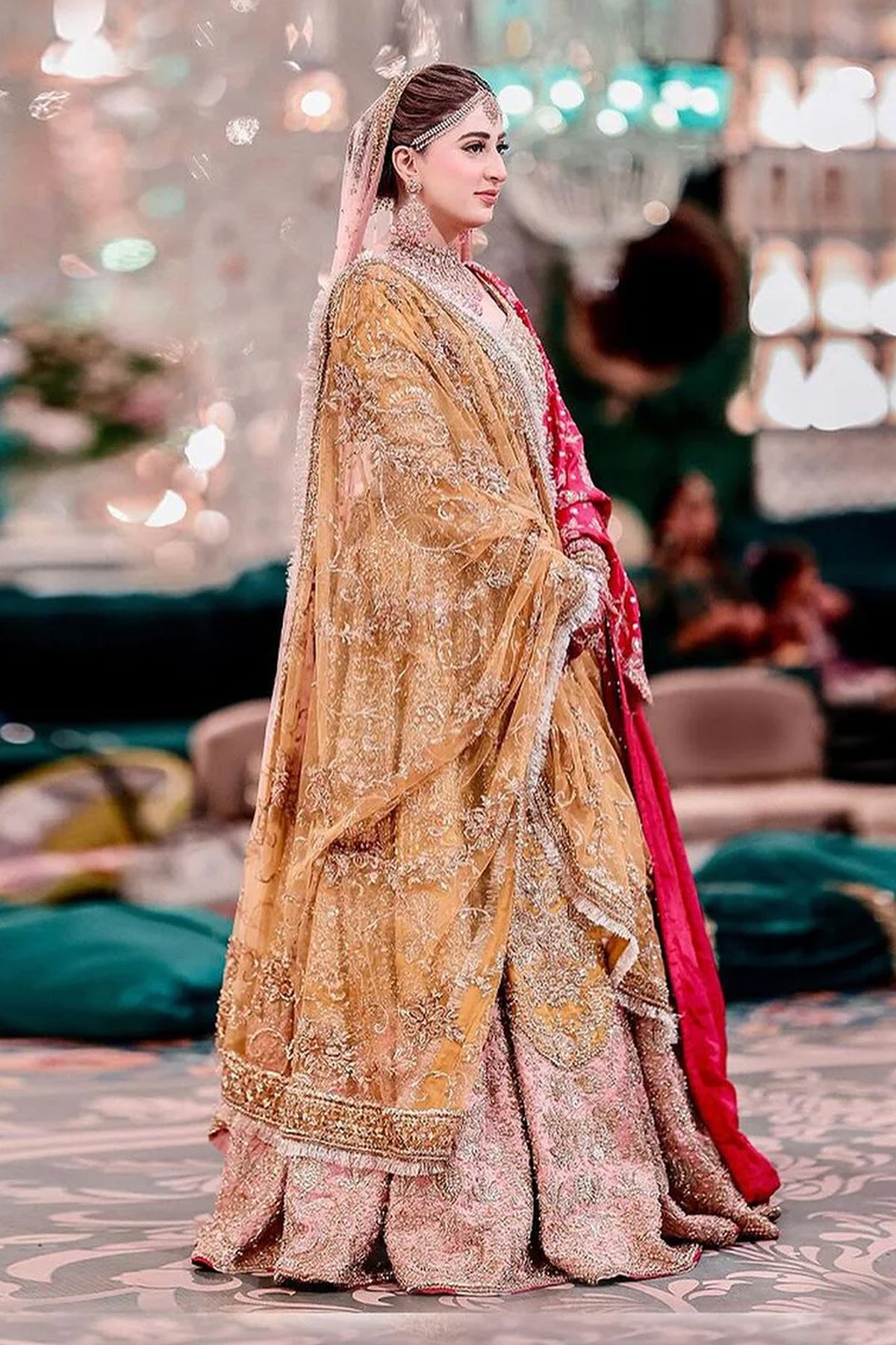 Pakistani Blush Pink & Gold Embroidered Silk-Blend Bridal Lehenga (3-Piece) - Image 1