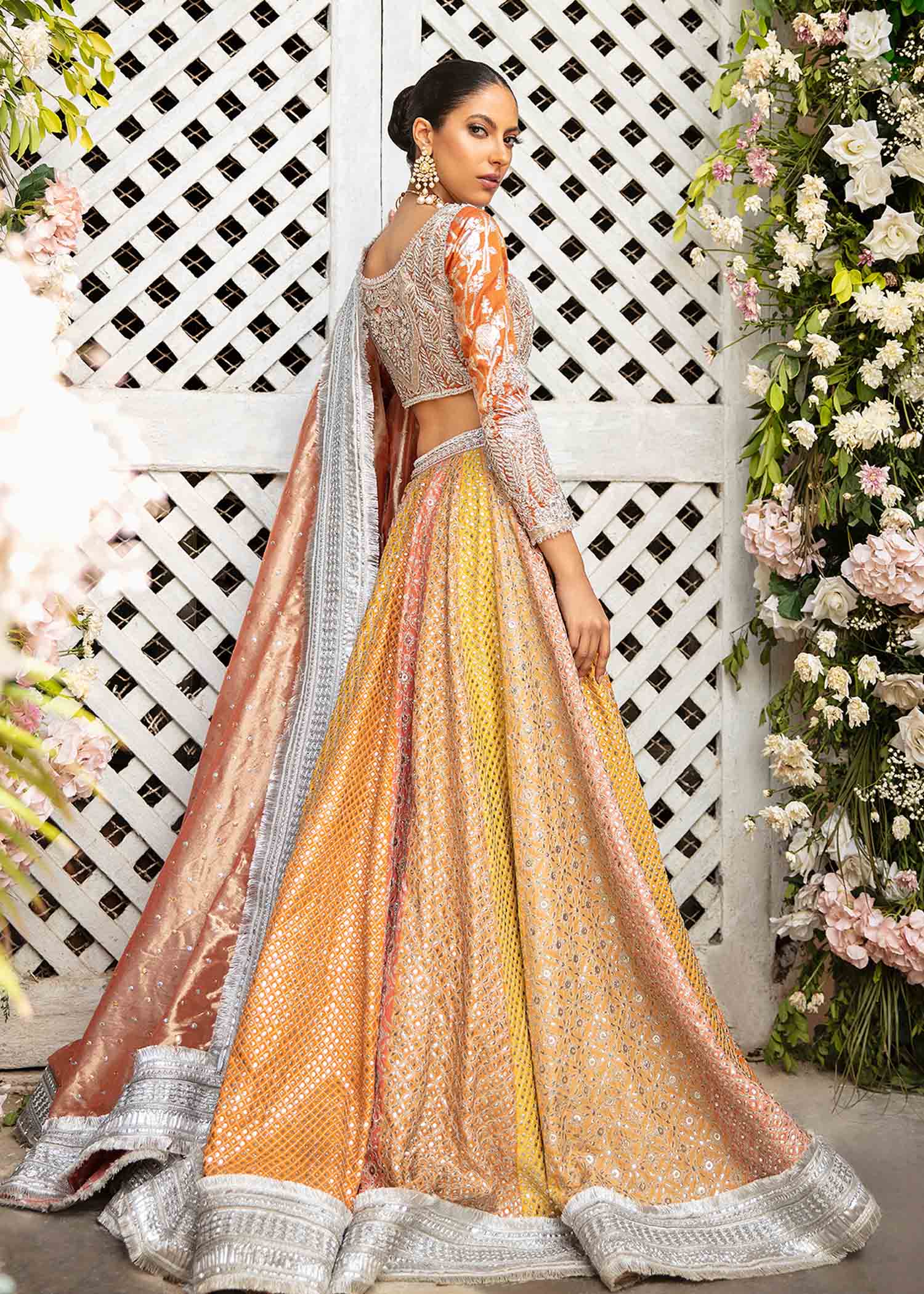 Pakistani Peach Yellow Metallic Embroidered Silk-Blend Lehenga (3-Piece) - Image 1