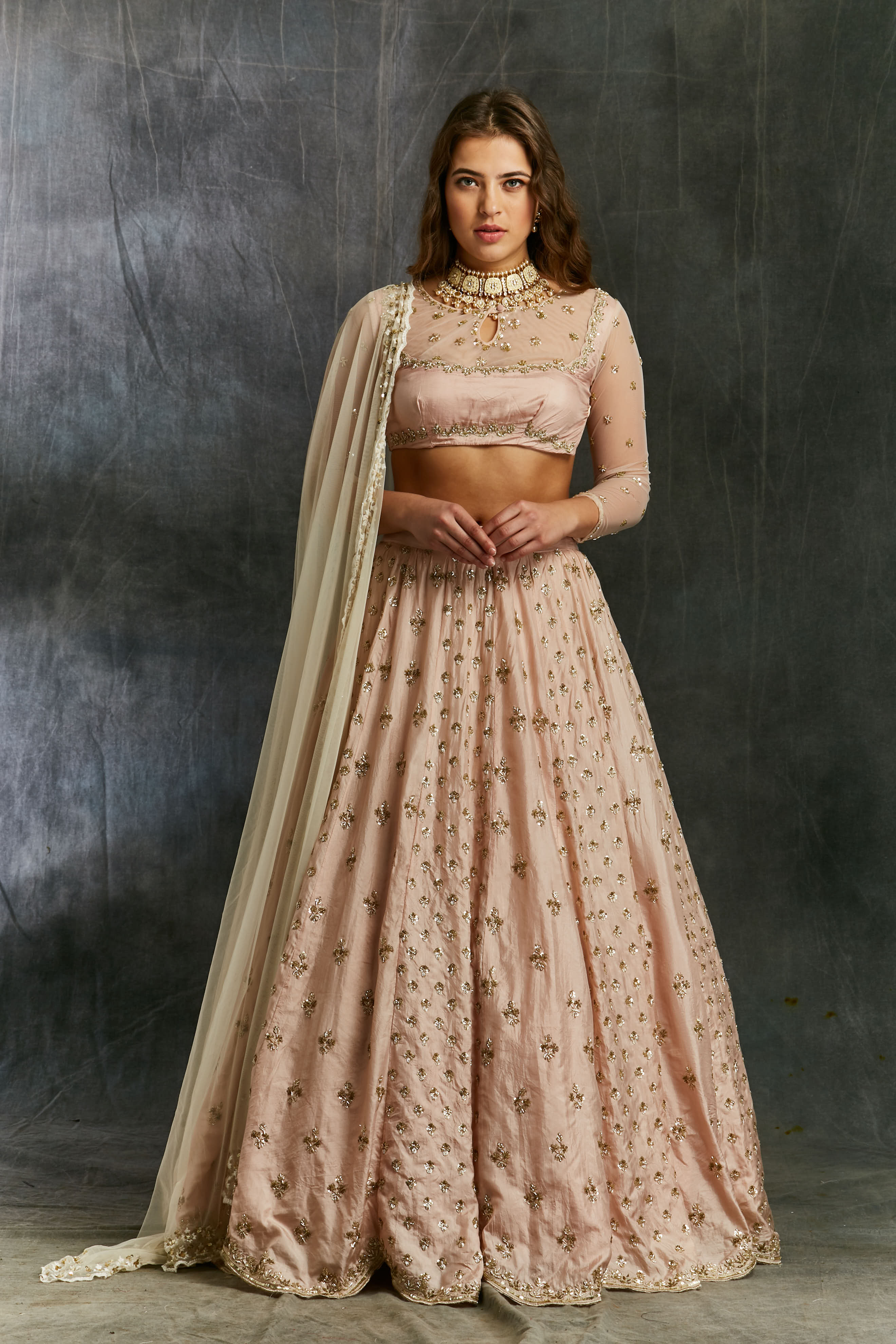 Indian Blush Pink Booti Embroidered Silk Lehenga (3-Piece) - Image 1