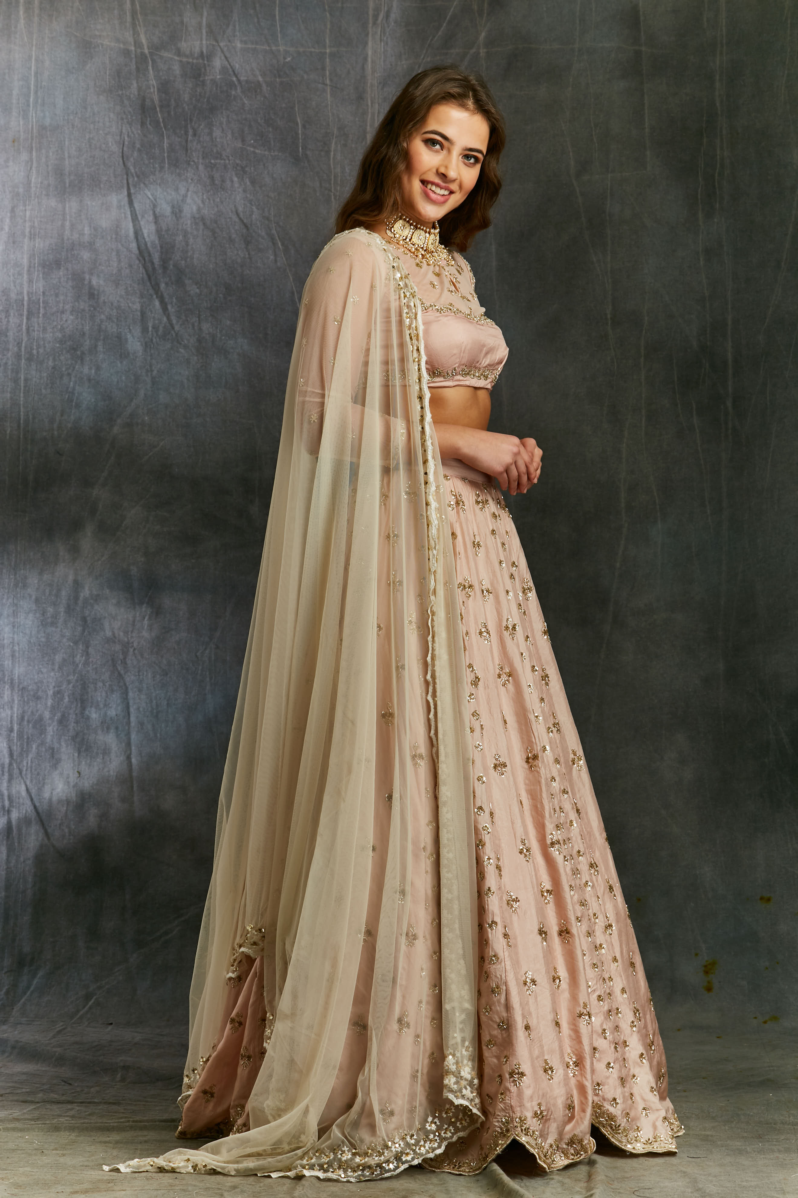 Indian Blush Pink Booti Embroidered Silk Lehenga (3-Piece) - Image 2