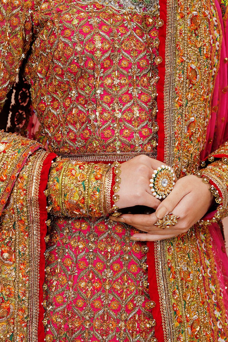 Pakistani Hot Pink Zardozi Silk-Blend Lehnga Choli (3-Piece) - Image 4