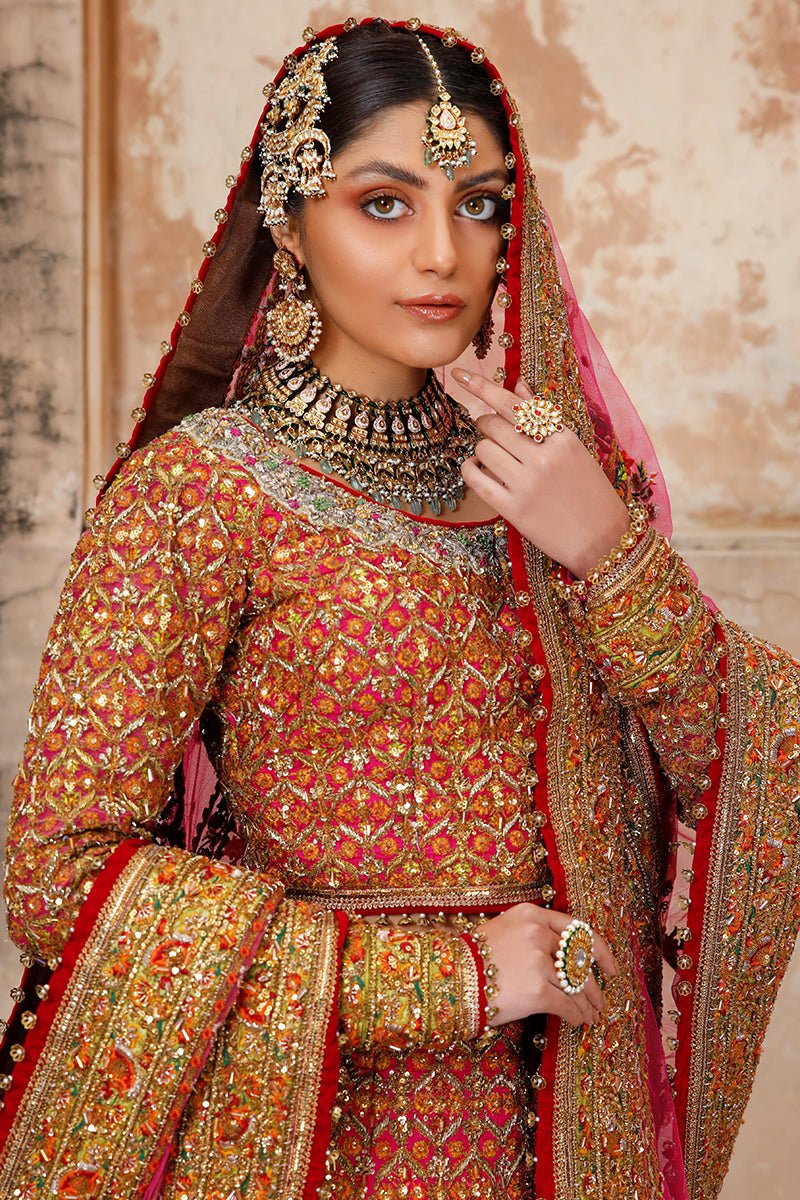 Pakistani Hot Pink Zardozi Silk-Blend Lehnga Choli (3-Piece) - Image 5