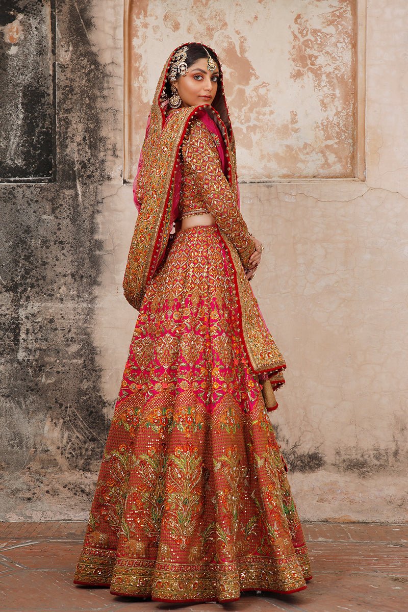 Pakistani Hot Pink Zardozi Silk-Blend Lehnga Choli (3-Piece) - Image 6
