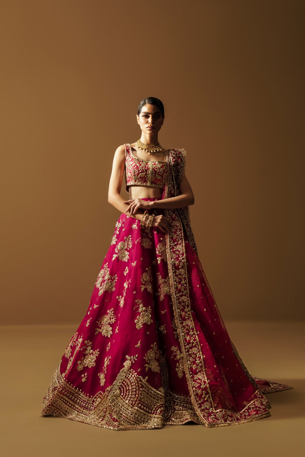 Pakistani Marsala Pink Zardozi Silk Brocade Lehenga (3-Piece) - Image 1