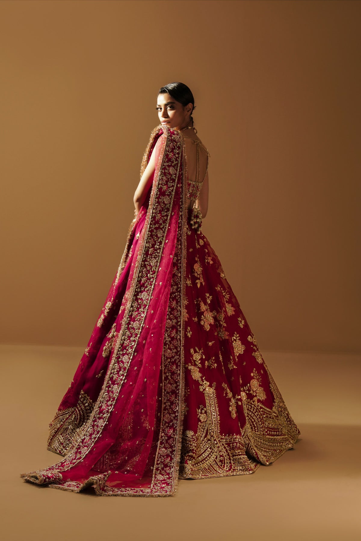 Pakistani Marsala Pink Zardozi Silk Brocade Lehenga (3-Piece) - Image 3