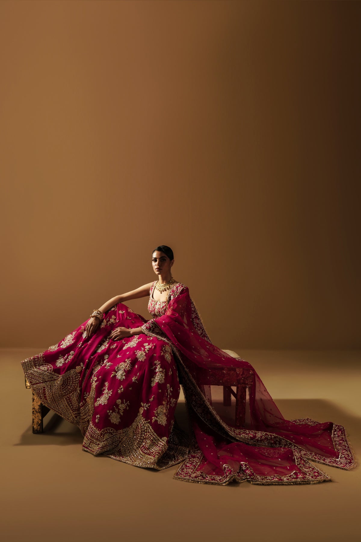 Pakistani Marsala Pink Zardozi Silk Brocade Lehenga (3-Piece) - Image 4