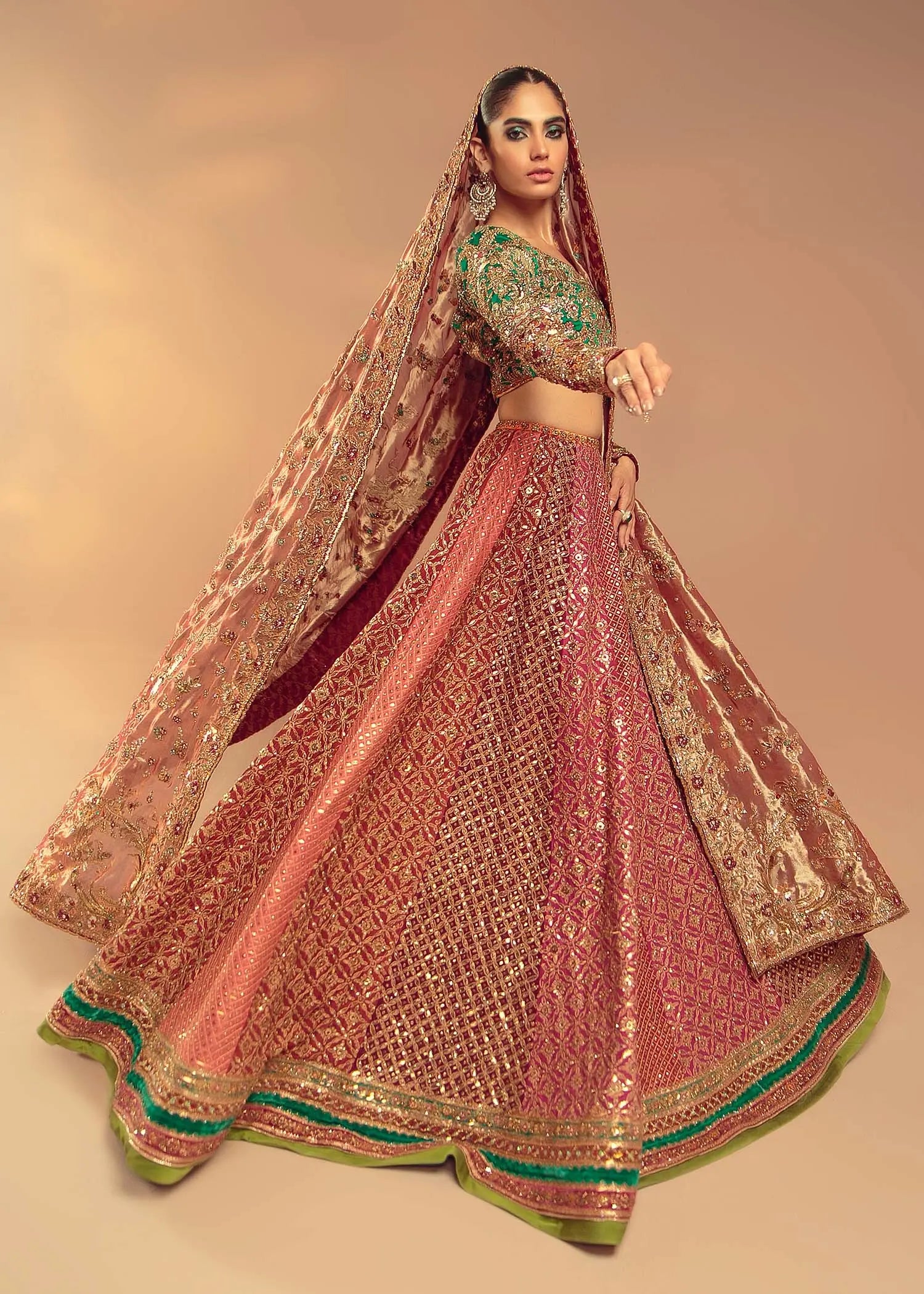 Pakistani Berry Pink Zardozi Silk Bridal Lehenga Choli (3-Piece) - Image 1