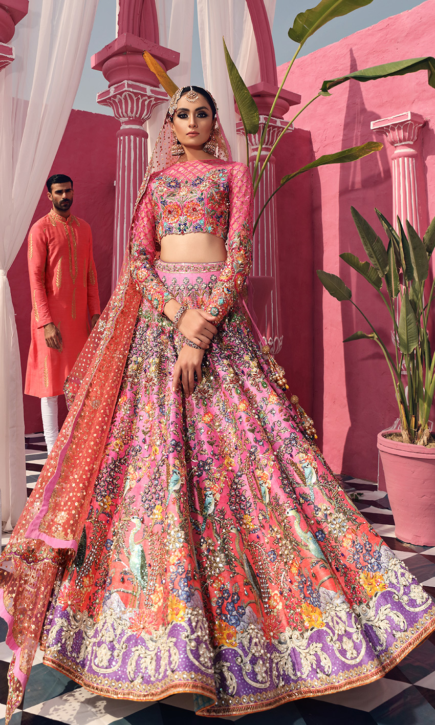 Pakistani Ombre Pink Crystal Embellished Silk Lehenga (3-Piece) - Image 1