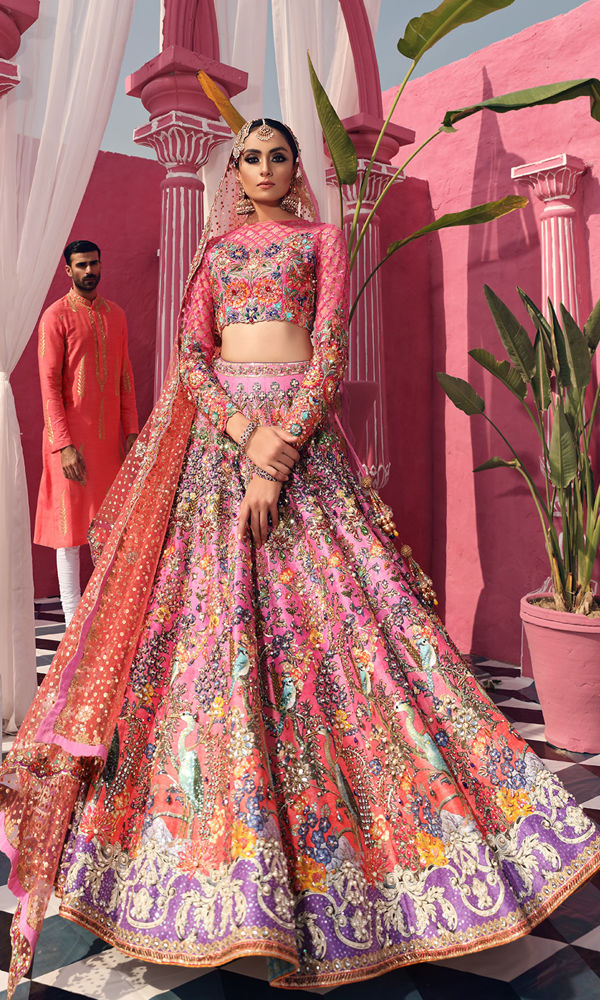 Pakistani Ombre Pink Crystal Embellished Silk Lehenga (3-Piece) - Image 2