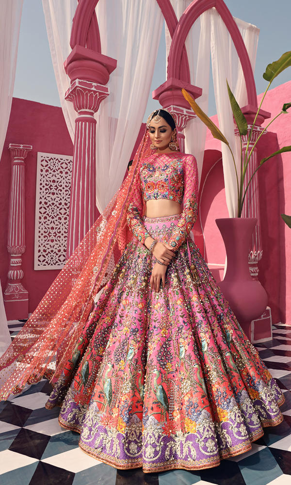 Pakistani Ombre Pink Crystal Embellished Silk Lehenga (3-Piece) - Image 3