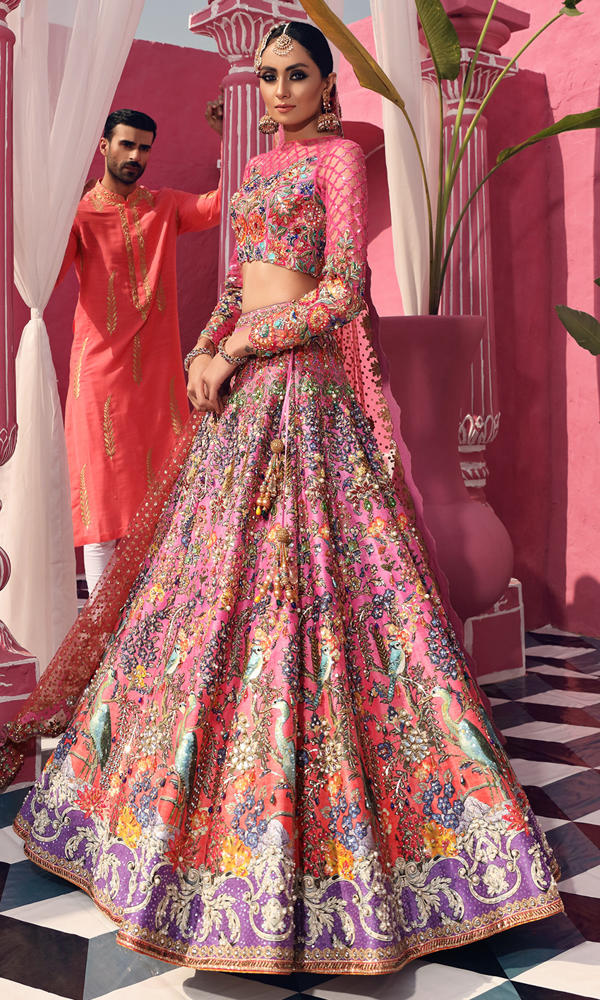 Pakistani Ombre Pink Crystal Embellished Silk Lehenga (3-Piece) - Image 4