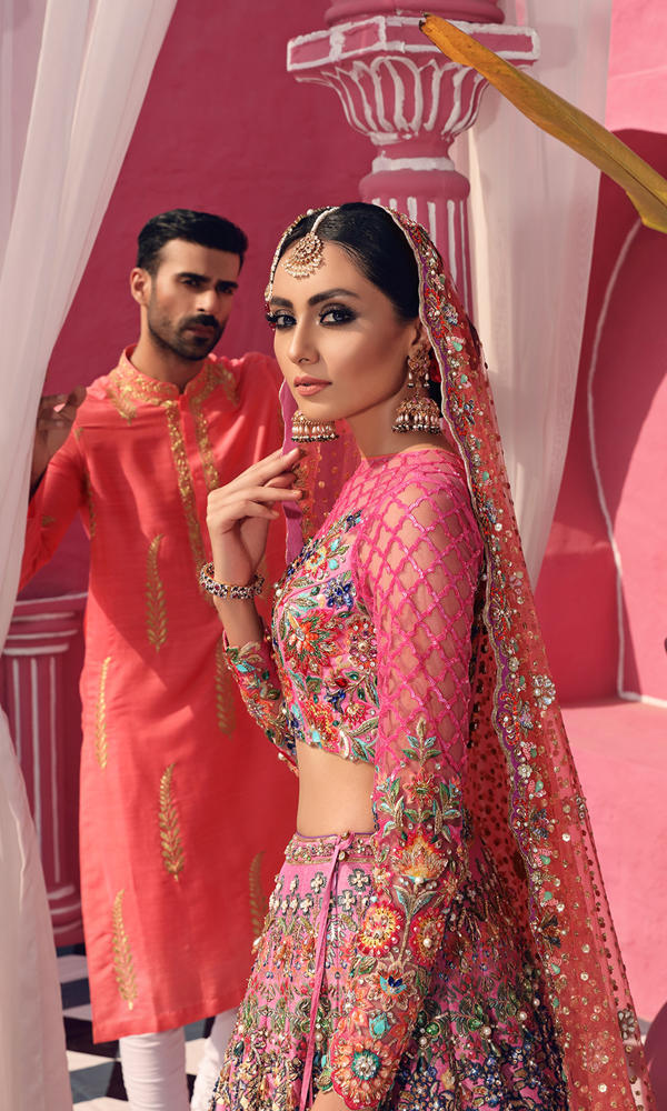 Pakistani Ombre Pink Crystal Embellished Silk Lehenga (3-Piece) - Image 5