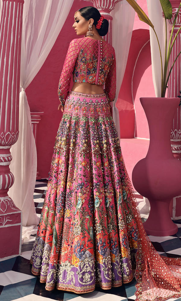 Pakistani Ombre Pink Crystal Embellished Silk Lehenga (3-Piece) - Image 6