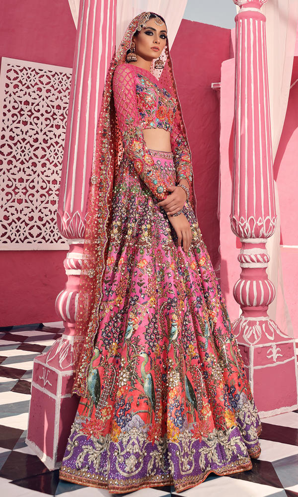 Pakistani Ombre Pink Crystal Embellished Silk Lehenga (3-Piece) - Image 7