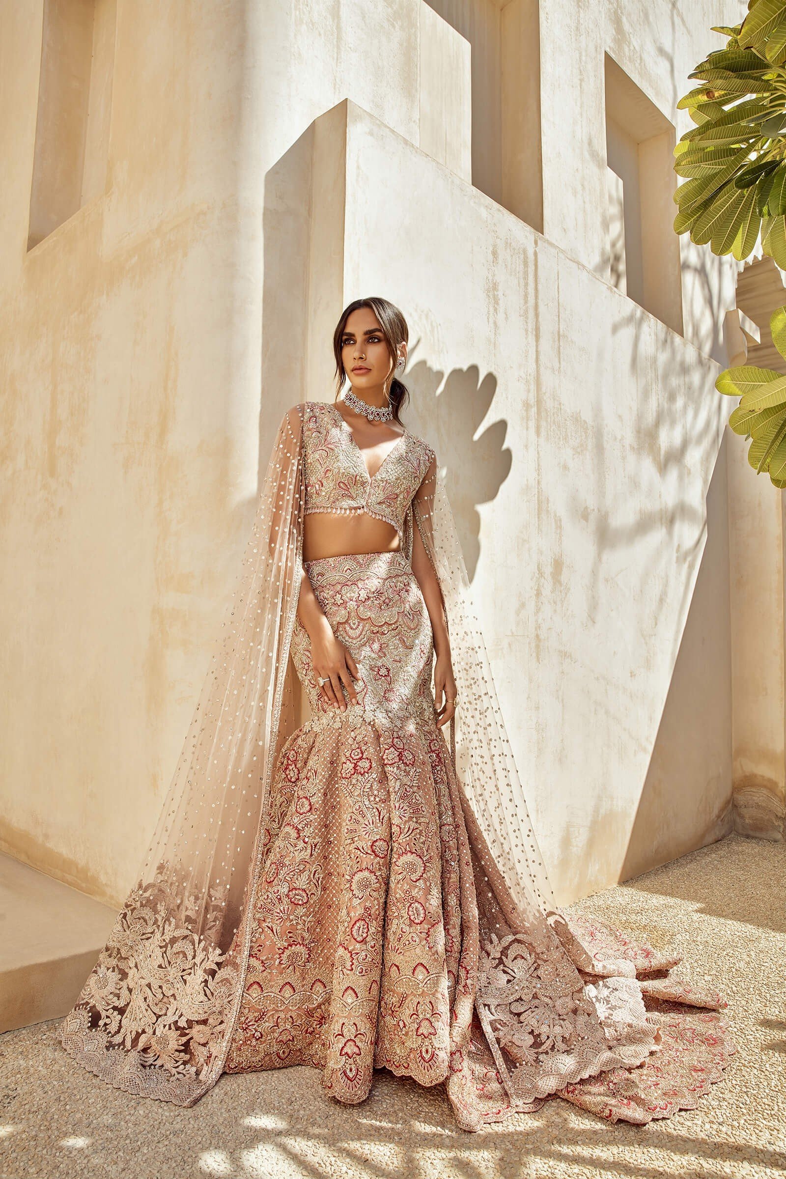 Blush Gold Embroidered Silk-Blend Mermaid Lehenga (3-Piece) - Image 1