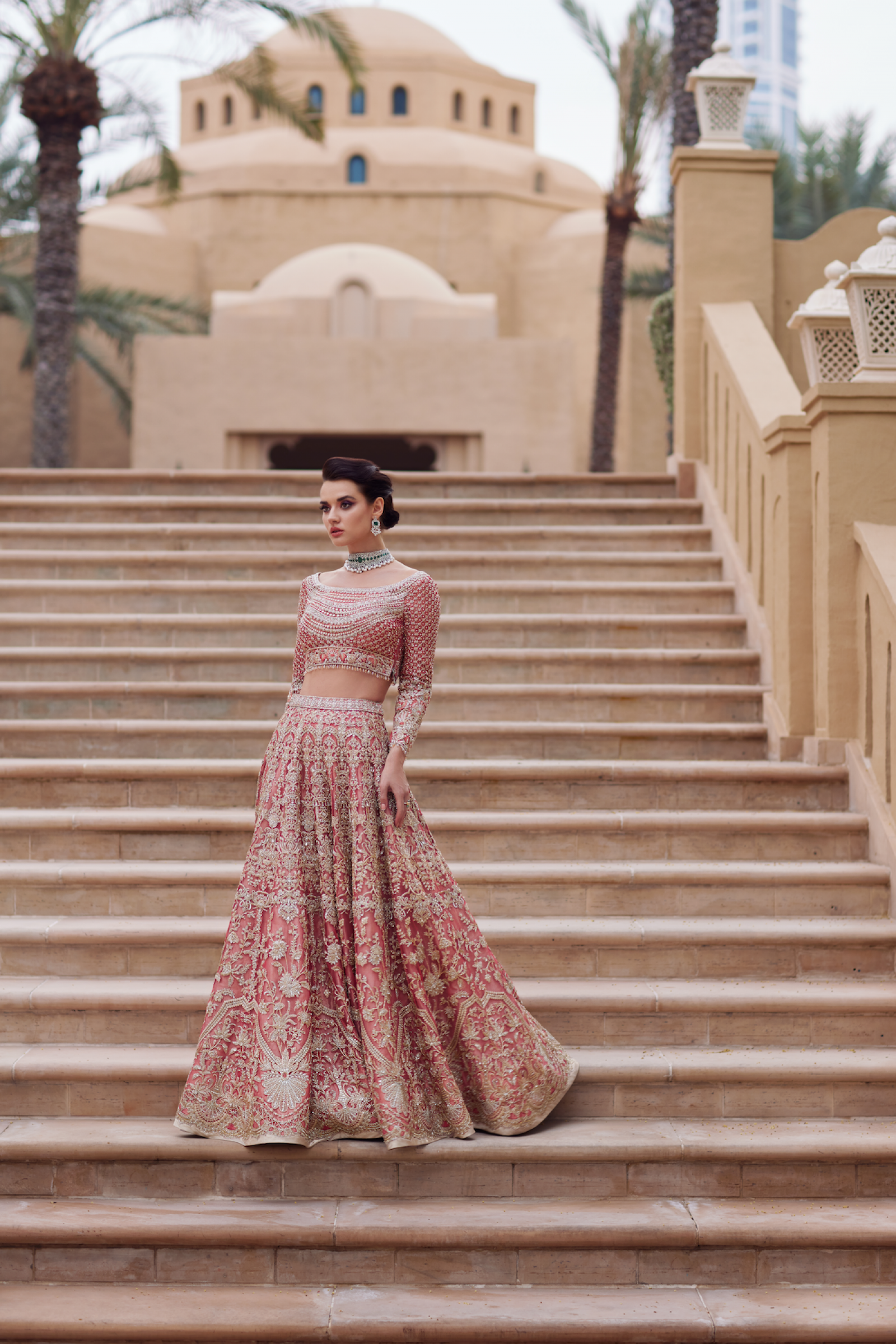 Pakistani Rose Pink Embroidered Silk Bridal Lehenga (2-Piece) - Image 1