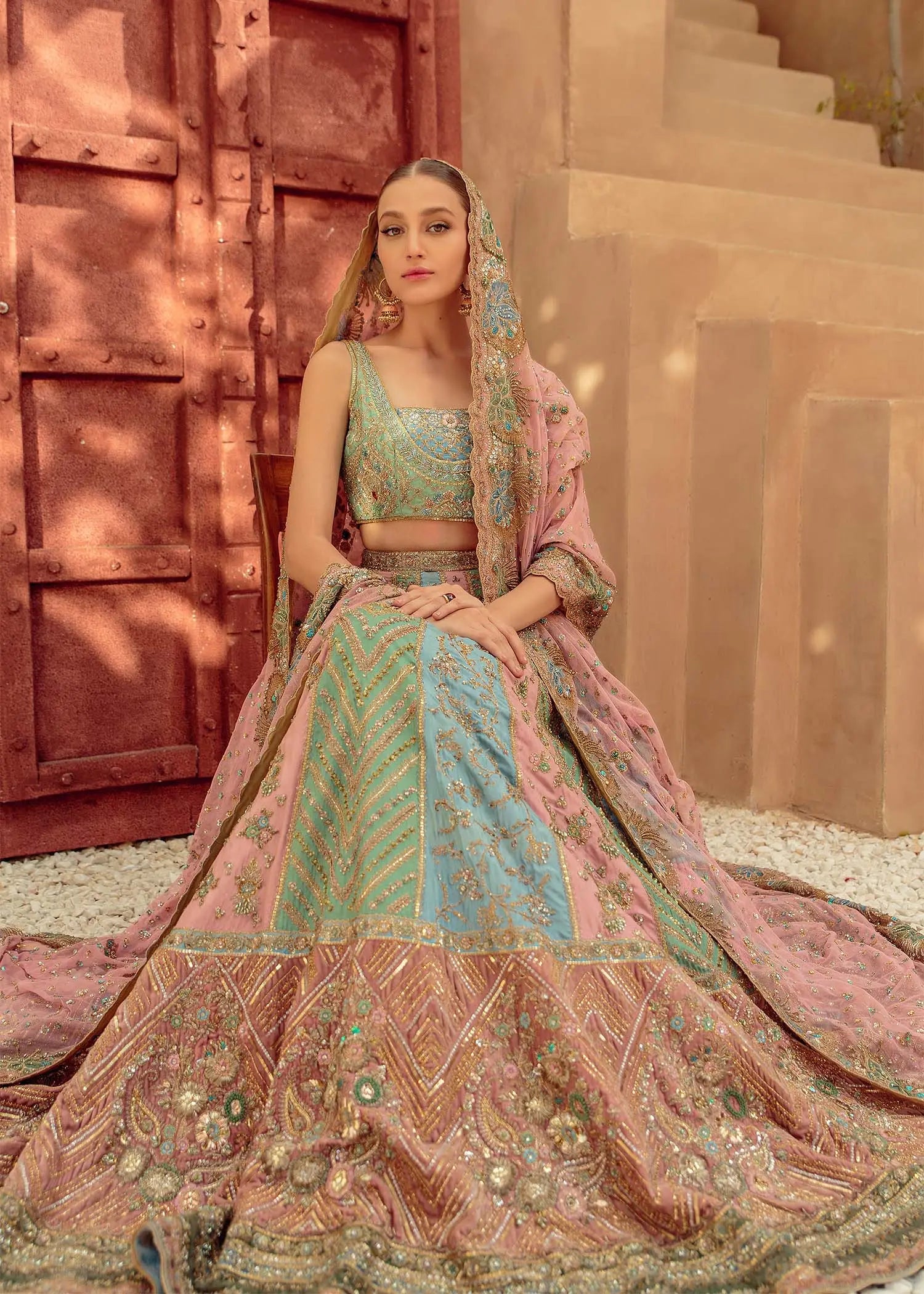 Pastel Pink Embellished Silk Bridal Lehenga (3-Piece) - Image 1