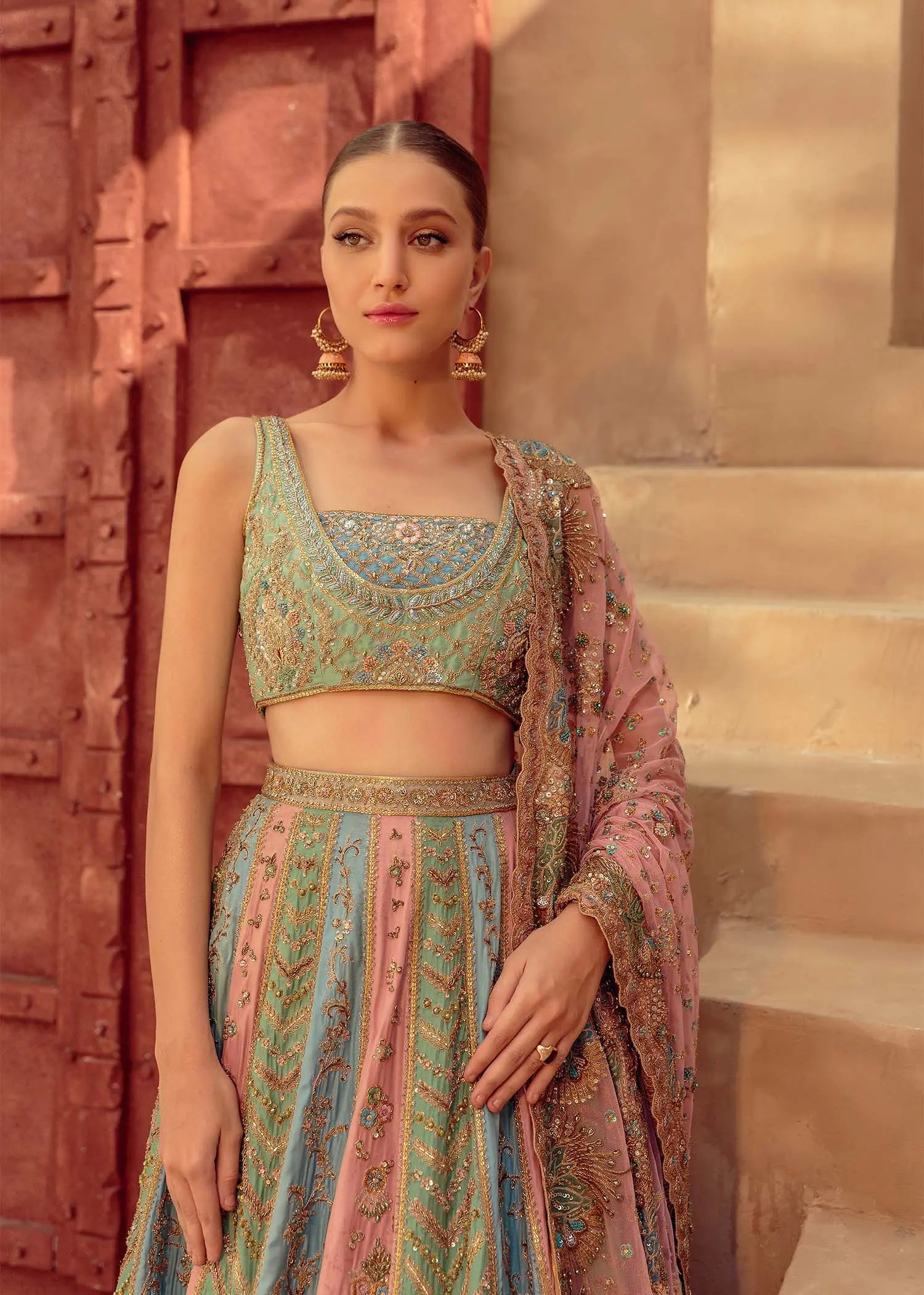 Pastel Pink Embellished Silk Bridal Lehenga (3-Piece) - Image 2