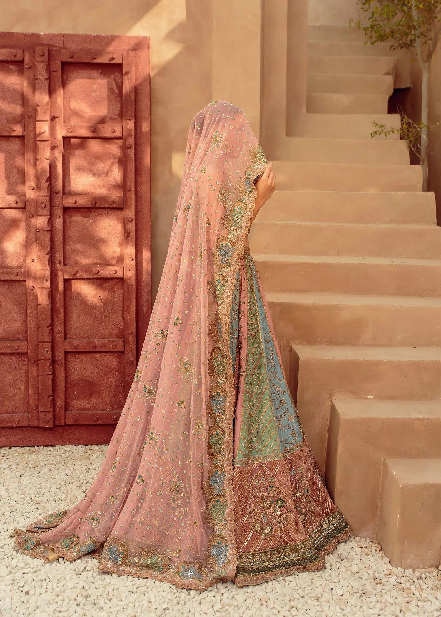 Pastel Pink Embellished Silk Bridal Lehenga (3-Piece) - Image 5