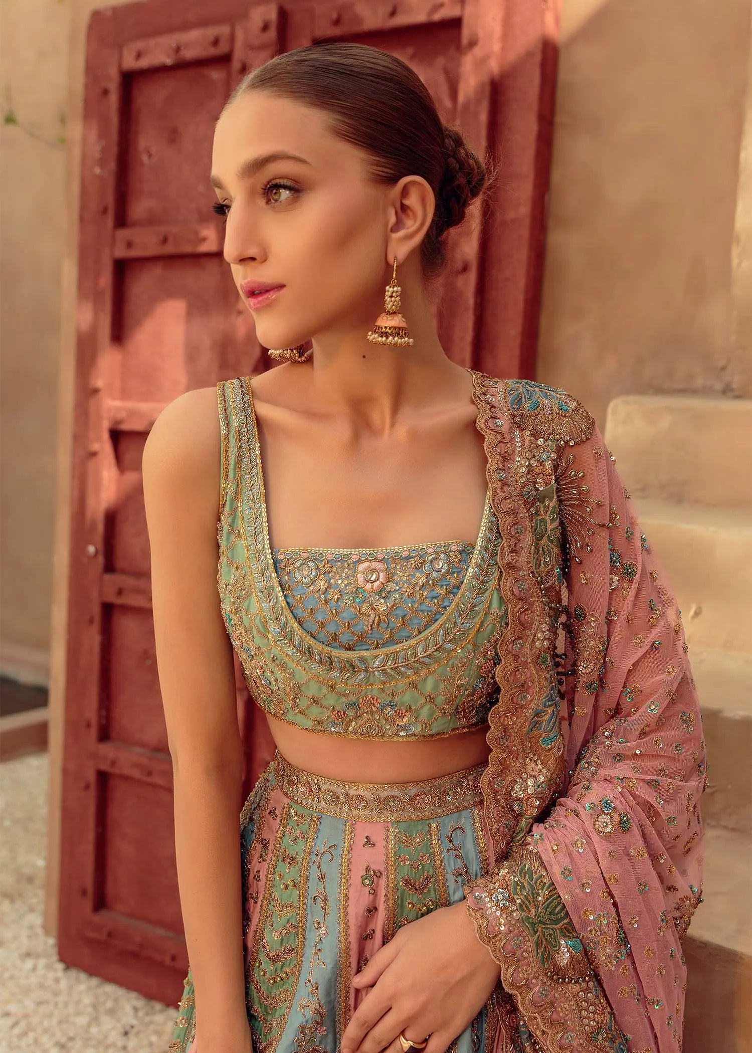 Pastel Pink Embellished Silk Bridal Lehenga (3-Piece) - Image 7