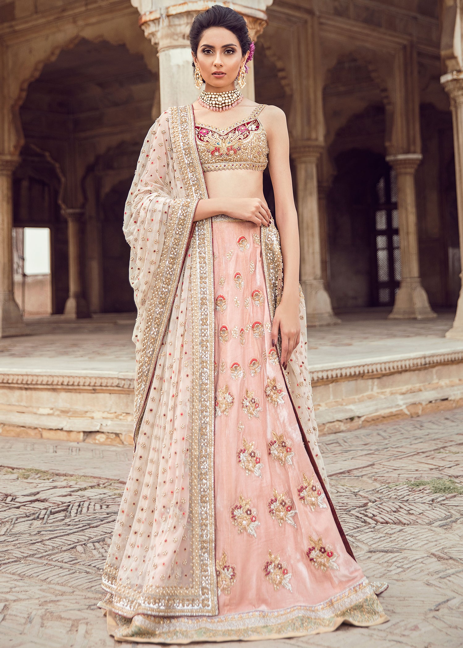 Pakistani Blush Pink Embroidered Silk Lehenga Choli (3-Piece) - Image 1