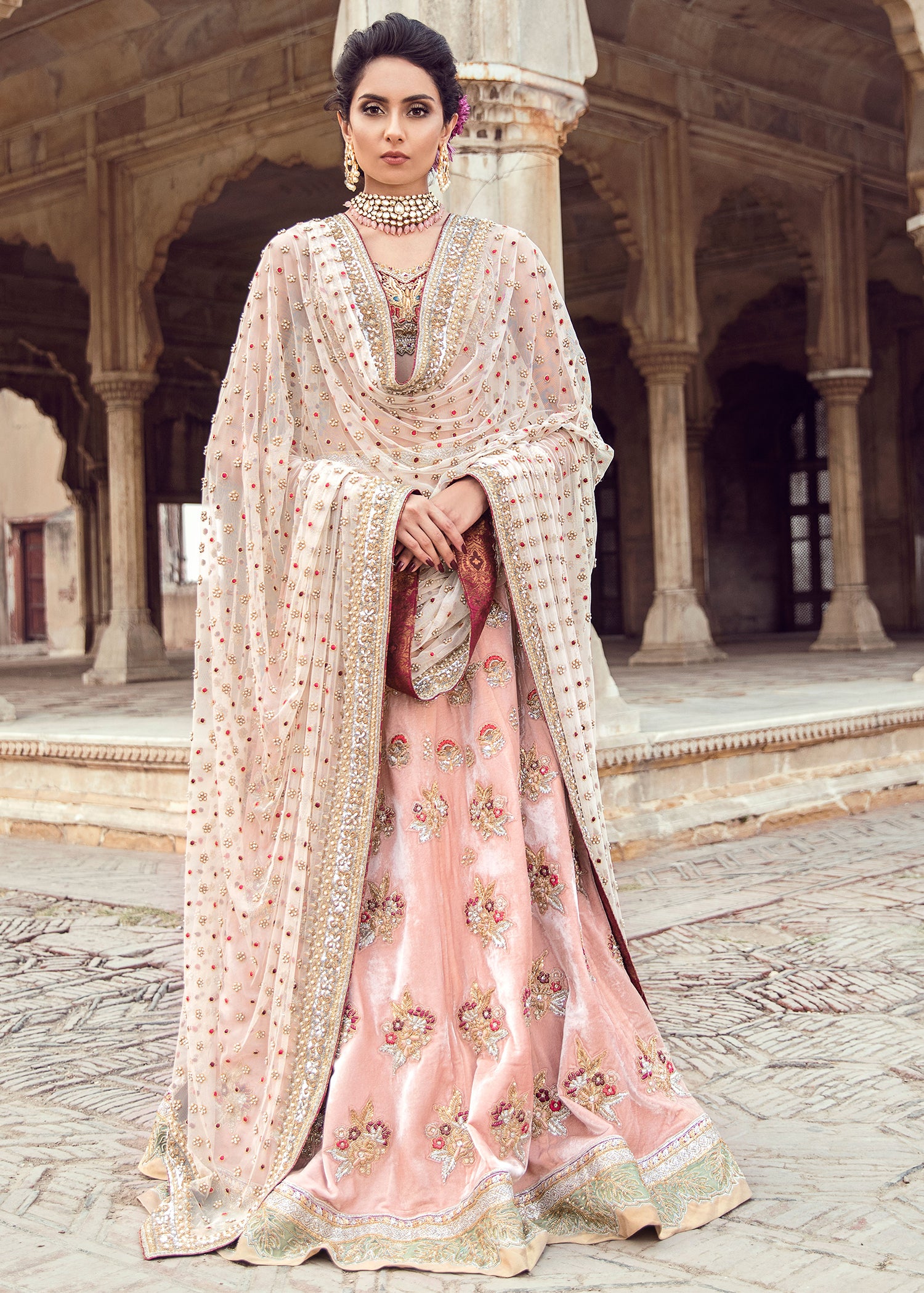 Pakistani Blush Pink Embroidered Silk Lehenga Choli (3-Piece) - Image 2