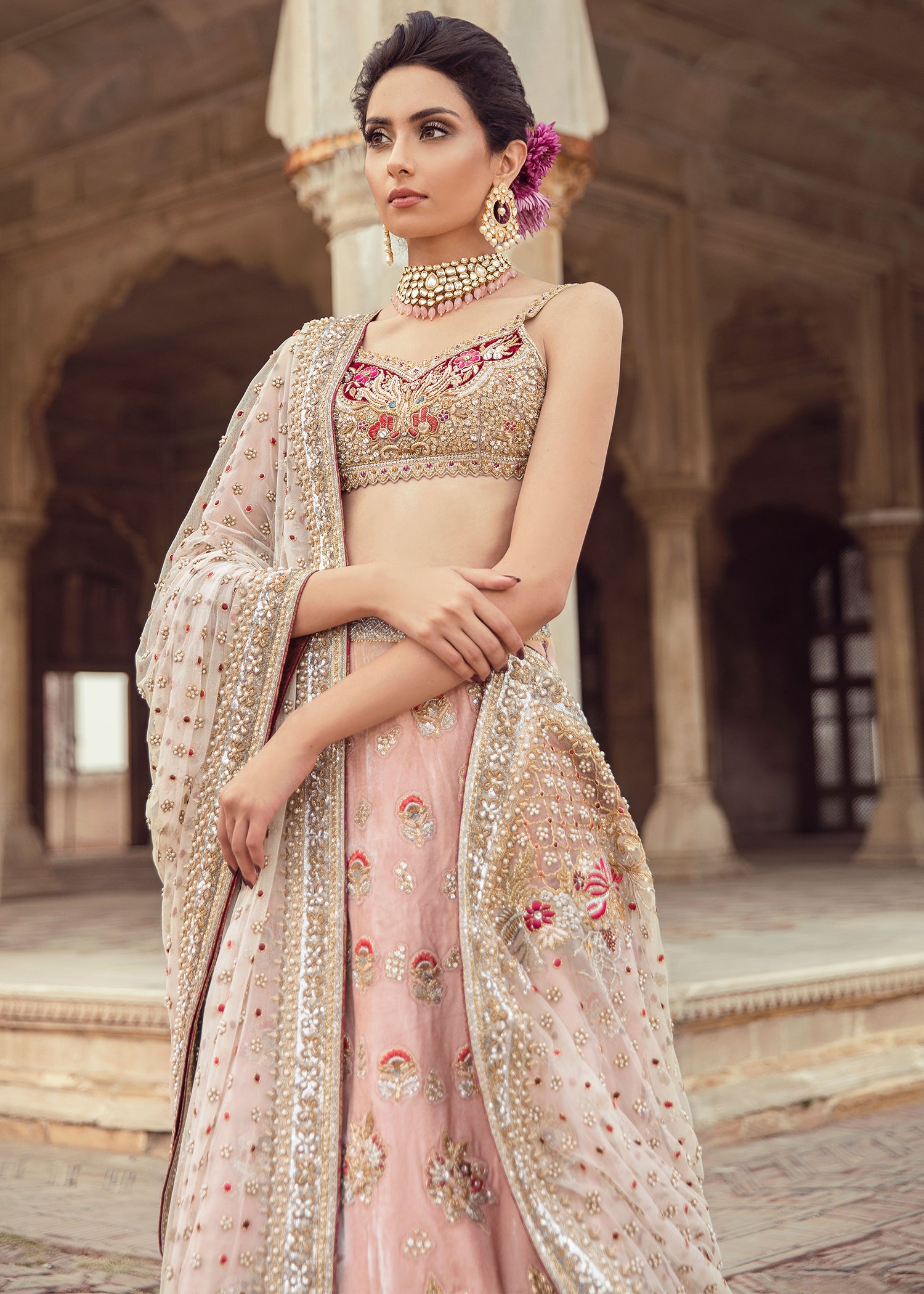 Pakistani Blush Pink Embroidered Silk Lehenga Choli (3-Piece) - Image 3