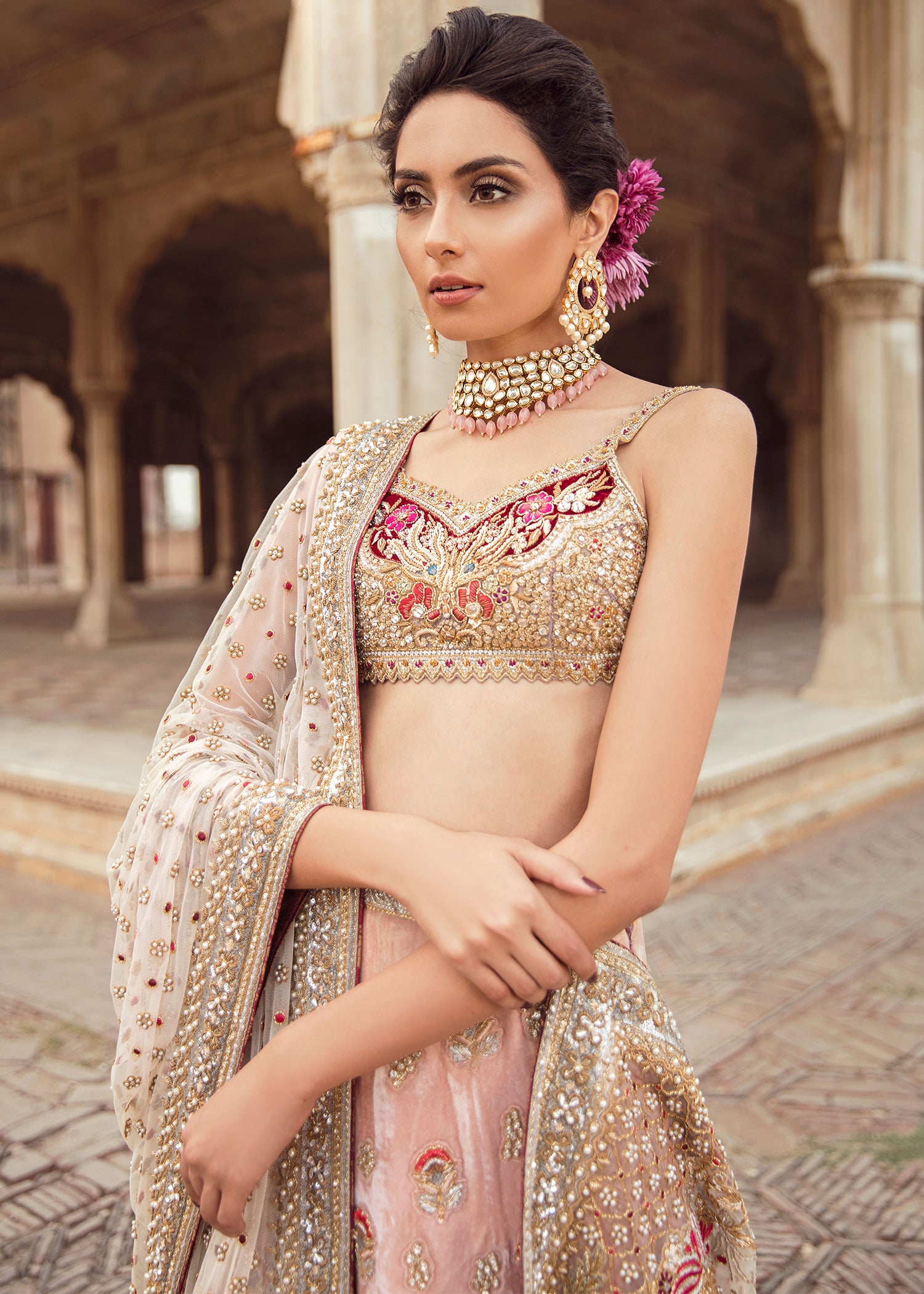 Pakistani Blush Pink Embroidered Silk Lehenga Choli (3-Piece) - Image 4