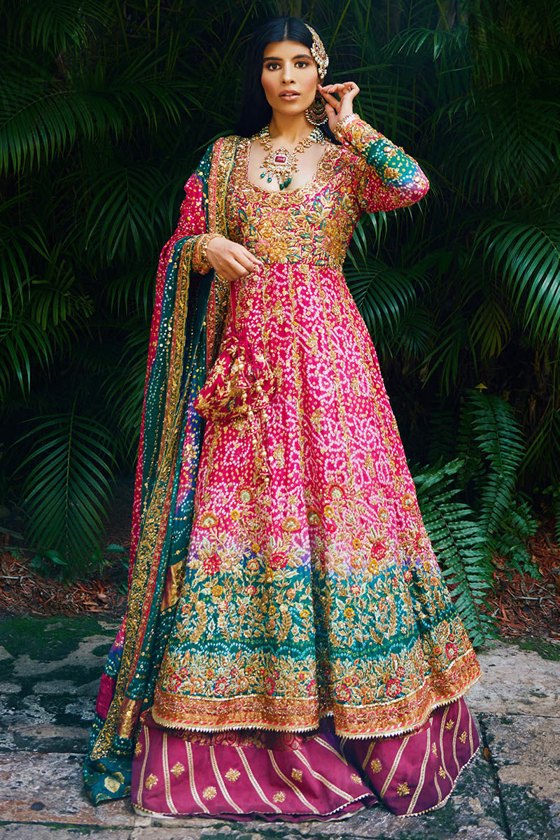 Fuschia Emerald Chunri Embroidered Silk Lehenga (3-Piece) - Image 1