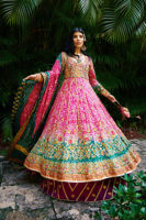 Fuschia Emerald Chunri Embroidered Silk Lehenga (3-Piece) - Image 3