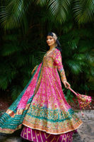 Fuschia Emerald Chunri Embroidered Silk Lehenga (3-Piece) - Image 4