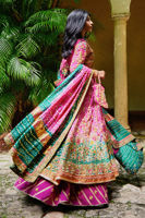 Fuschia Emerald Chunri Embroidered Silk Lehenga (3-Piece) - Image 6