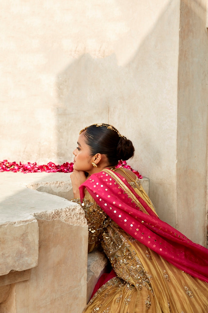 Pakistani Pink Gota Kora Dabka Silk Lehenga Choli (3-Piece) - Image 5