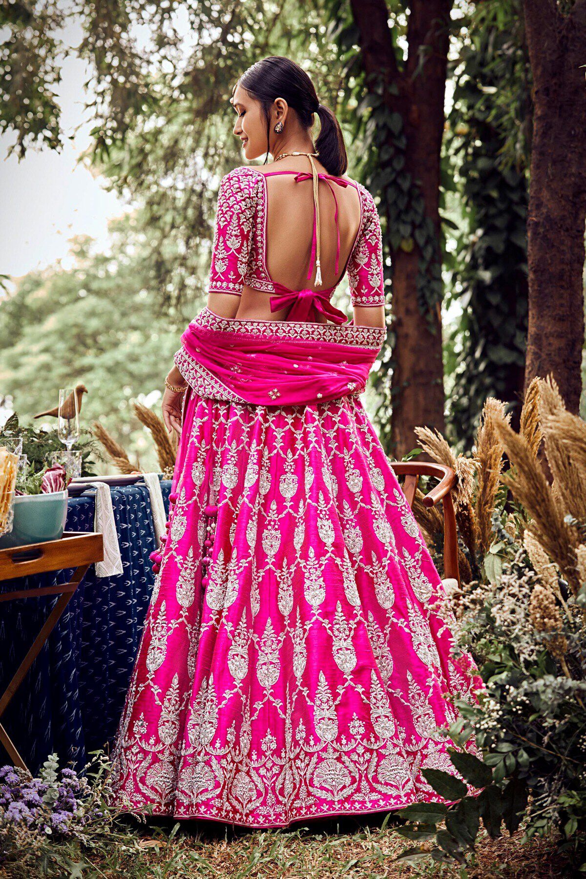 Fuchsia Pink Embroidered Silk Lehenga (3-Piece) - Image 2