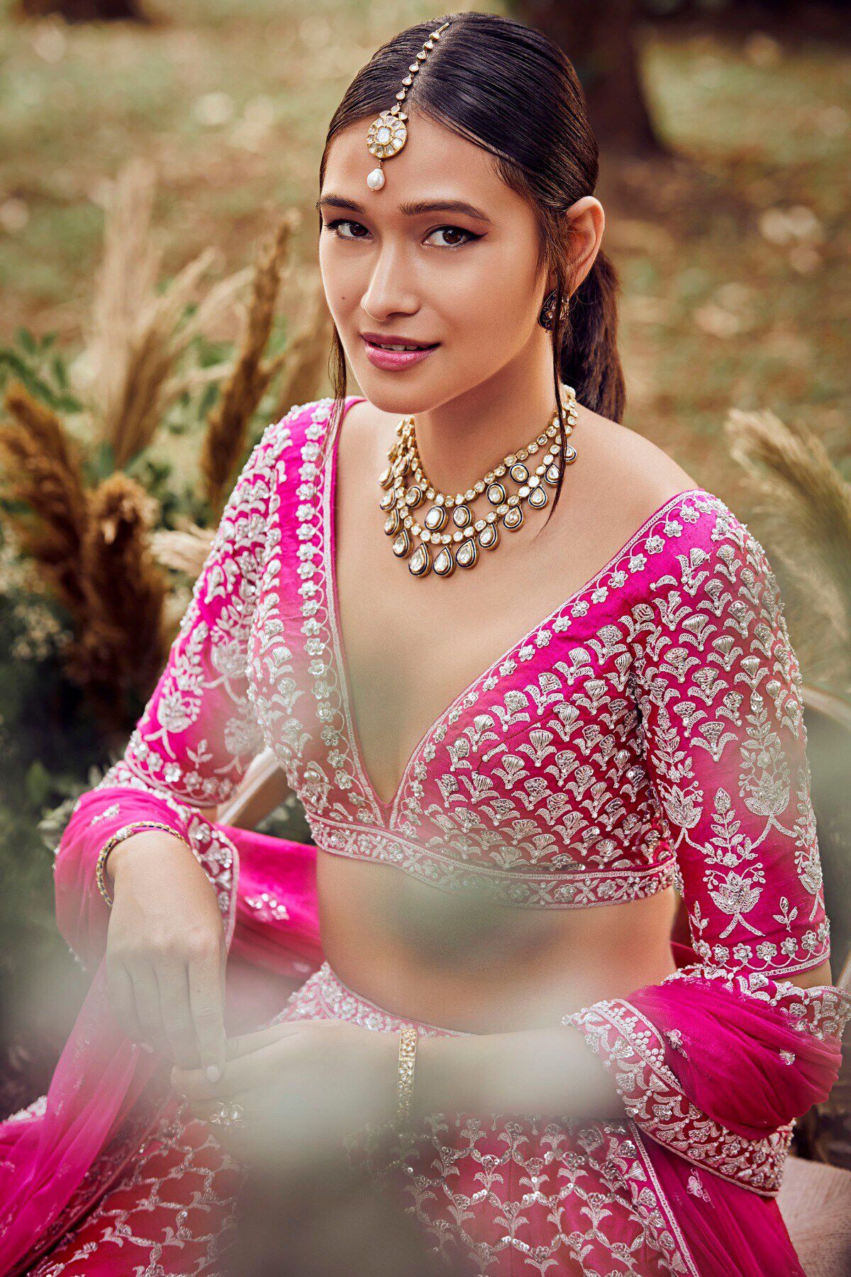 Fuchsia Pink Embroidered Silk Lehenga (3-Piece) - Image 3