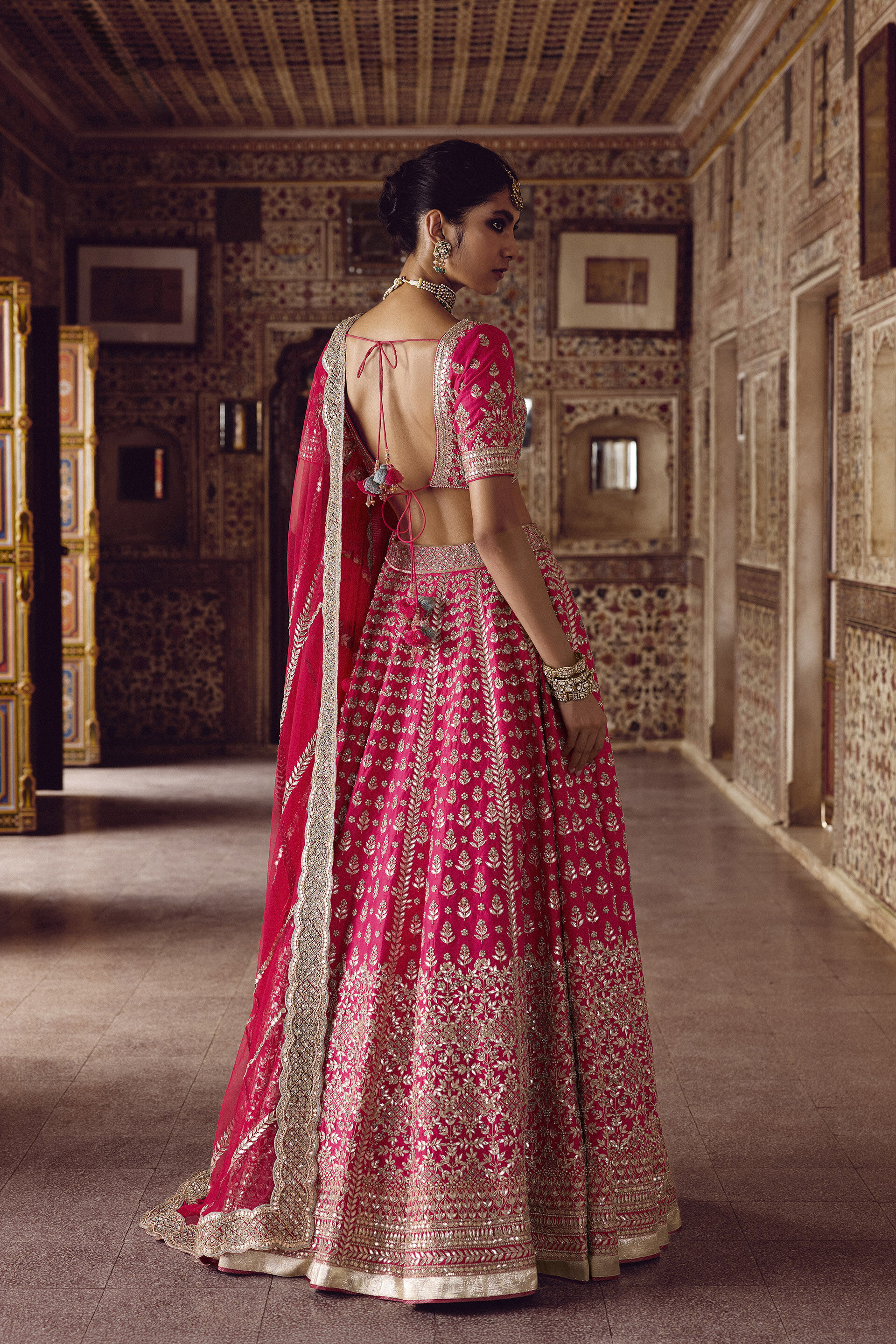 Pink Gota Patti Silk Bridal Lehenga (3-Piece) - Image 2