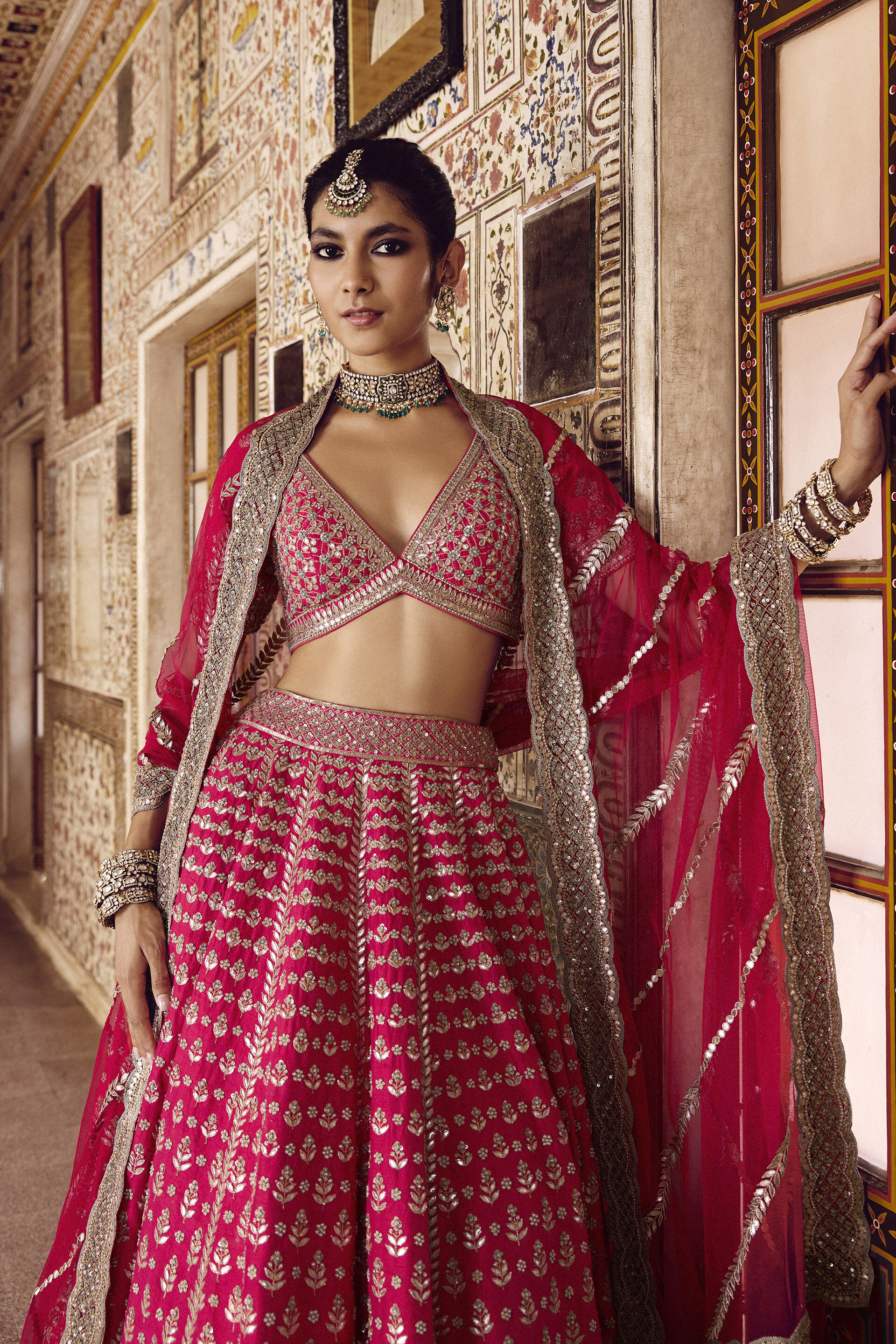 Pink Gota Patti Silk Bridal Lehenga (3-Piece) - Image 3