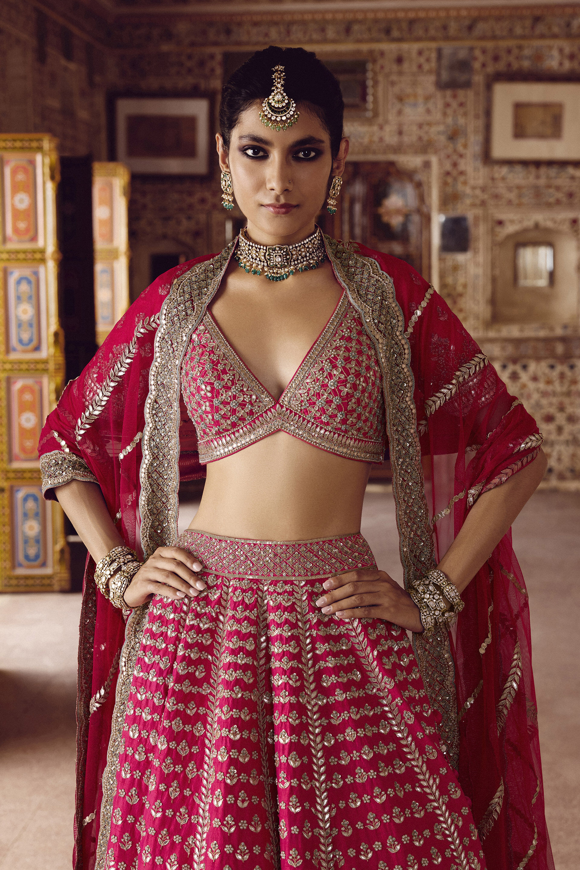 Pink Gota Patti Silk Bridal Lehenga (3-Piece) - Image 4