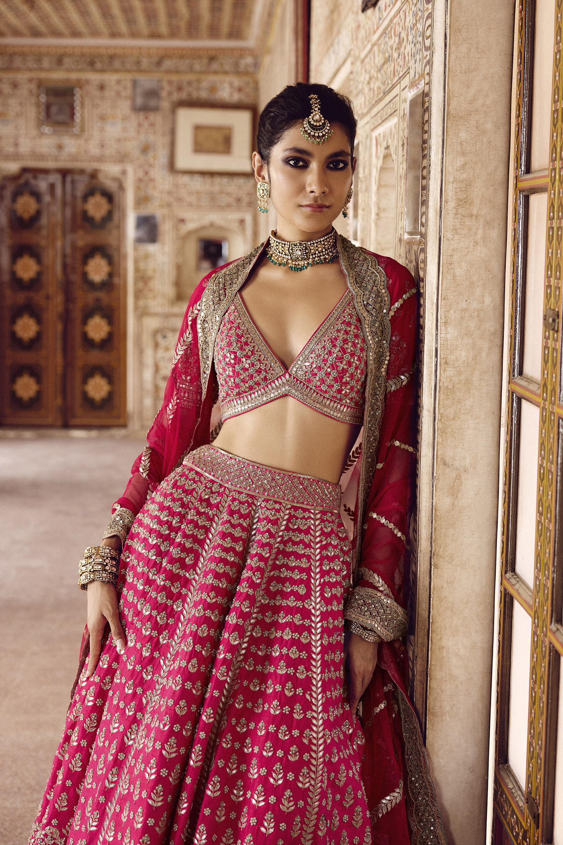 Pink Gota Patti Silk Bridal Lehenga (3-Piece) - Image 5
