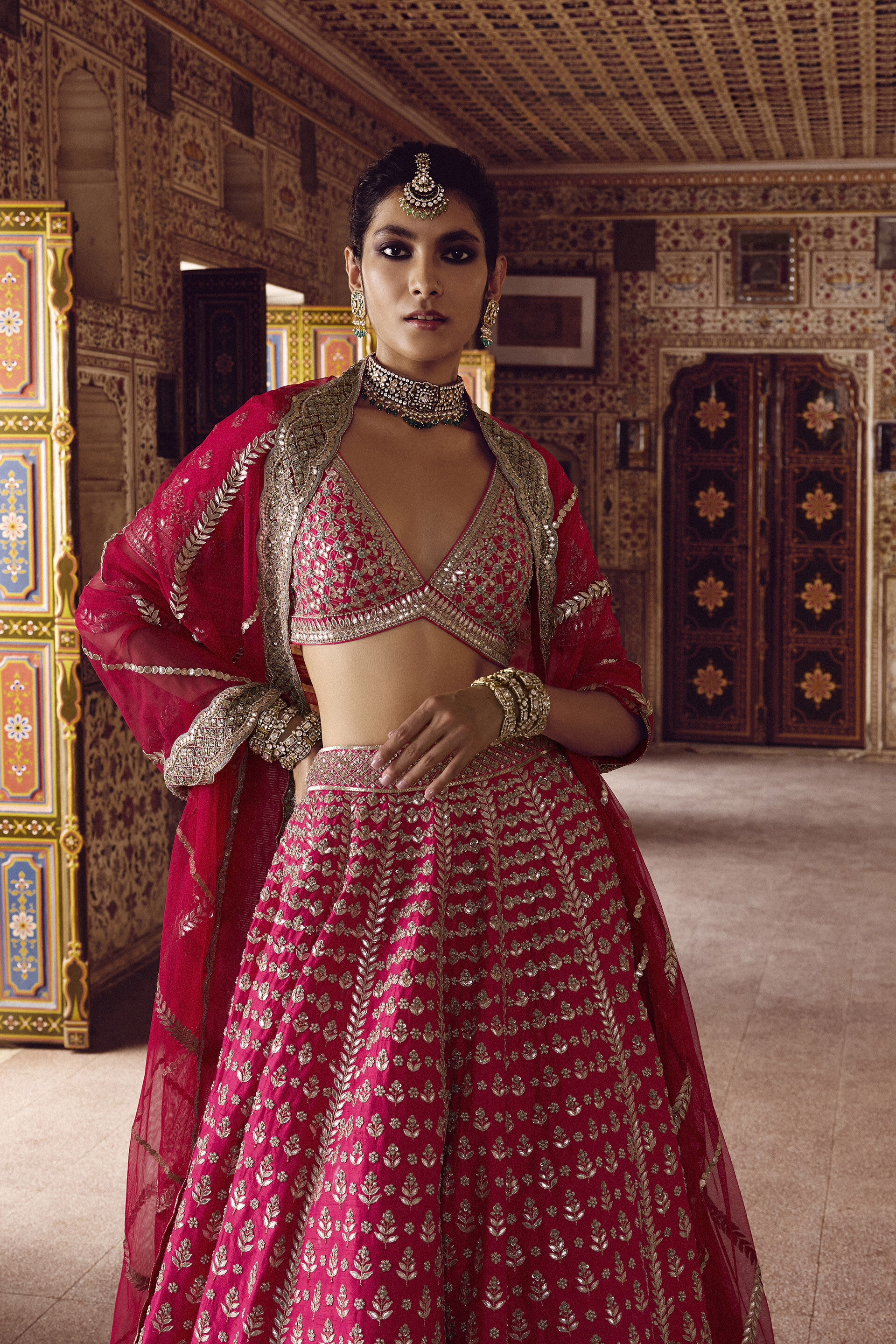 Pink Gota Patti Silk Bridal Lehenga (3-Piece) - Image 6