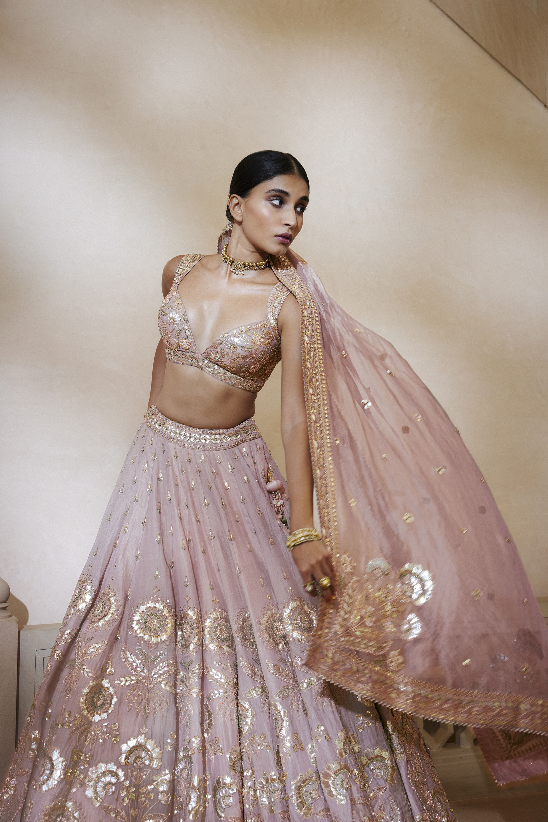 Indian Blush Gota Patti Resham Silk Lehenga (3-Piece) - Image 3