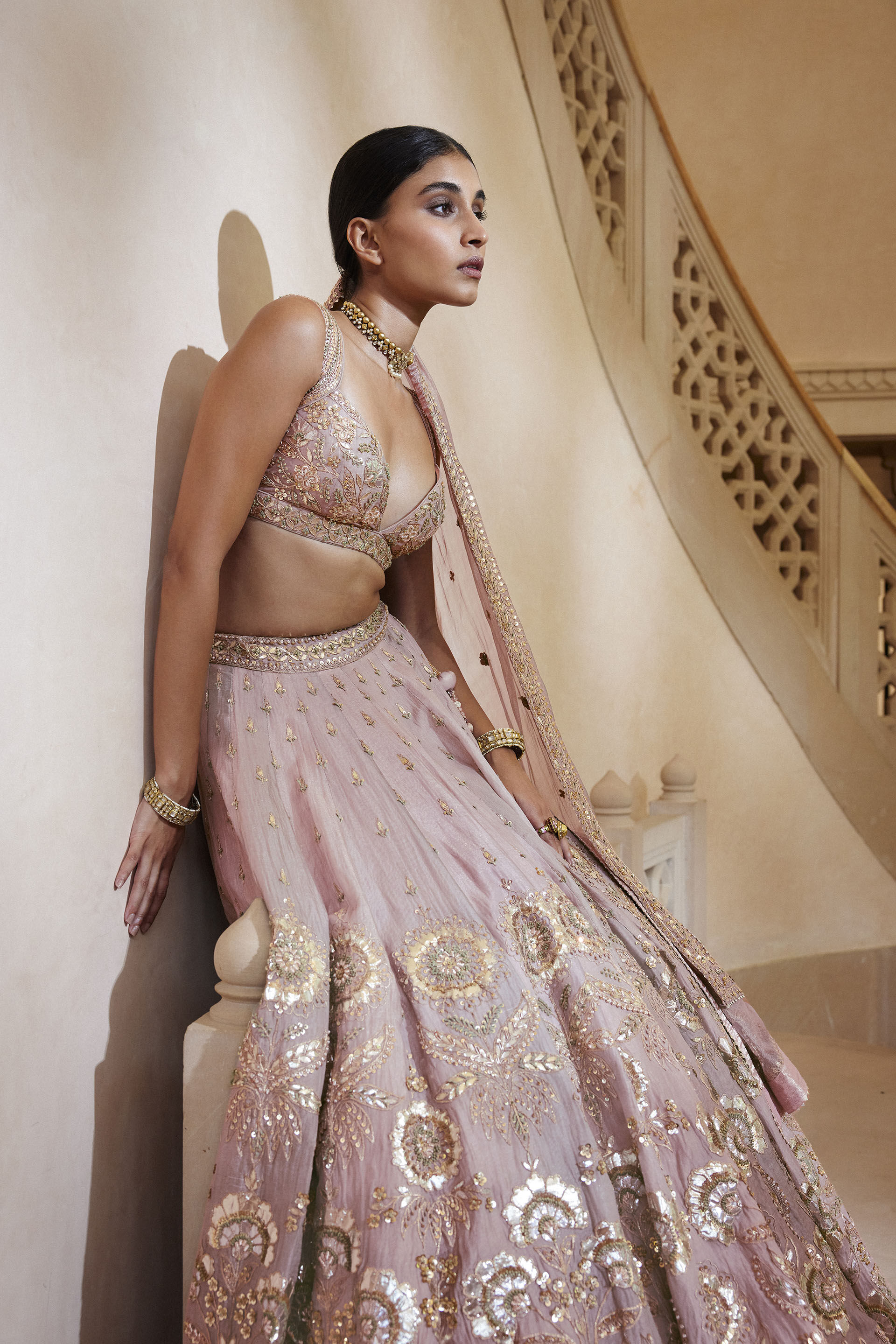 Indian Blush Gota Patti Resham Silk Lehenga (3-Piece) - Image 4