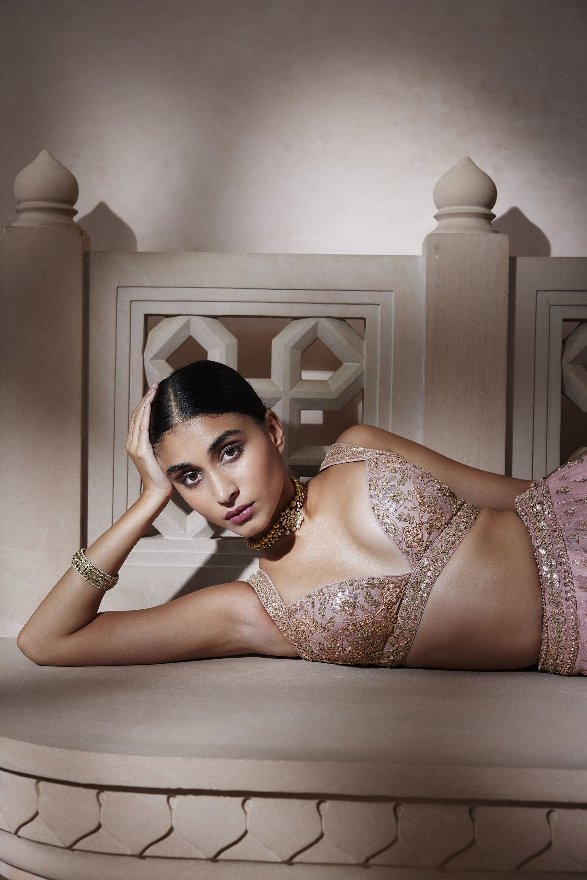 Indian Blush Gota Patti Resham Silk Lehenga (3-Piece) - Image 6