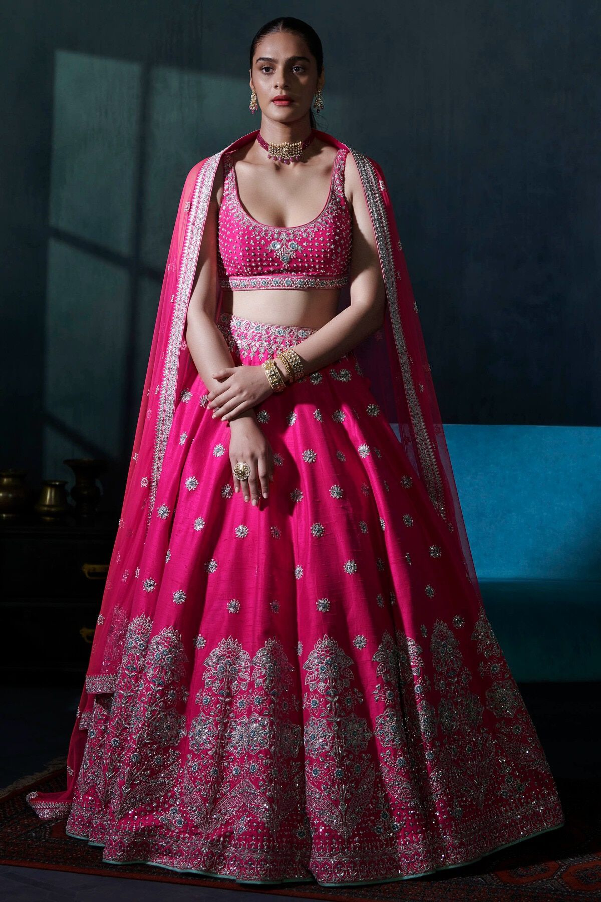 Carrot Pink Gota Patti Silk Lehenga (3-Piece) - Image 1