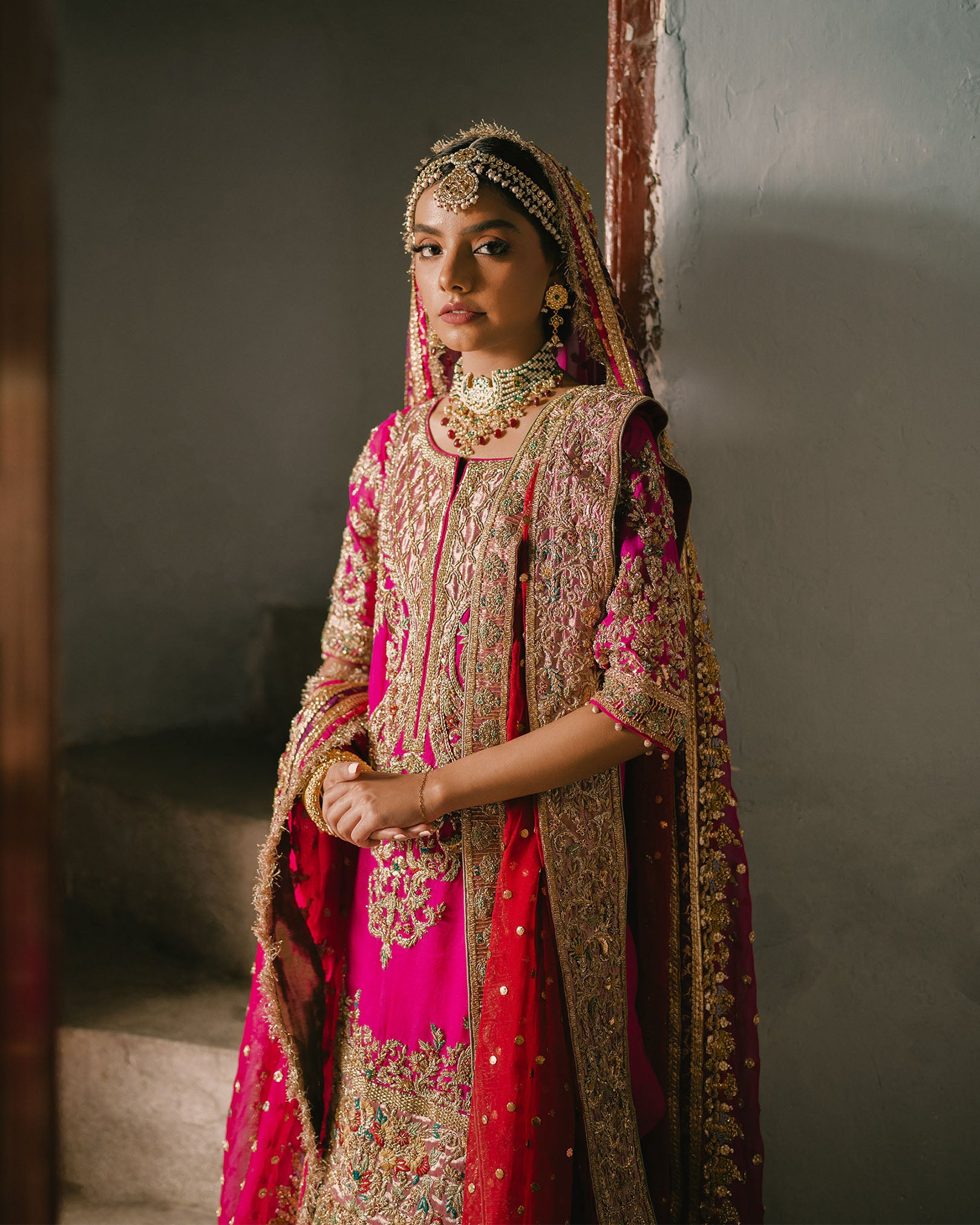 Pakistani Hot Pink Hand-Embellished Silk Bridal Lehenga (3-Piece) - Image 2