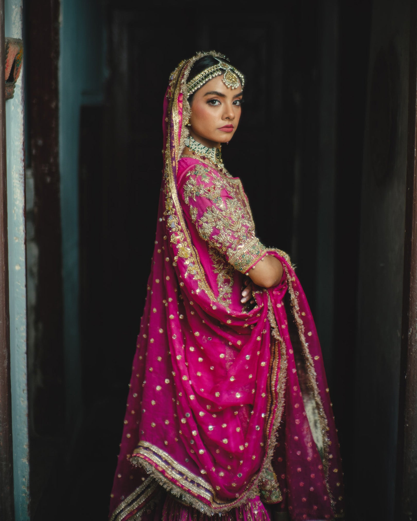 Pakistani Hot Pink Hand-Embellished Silk Bridal Lehenga (3-Piece) - Image 3