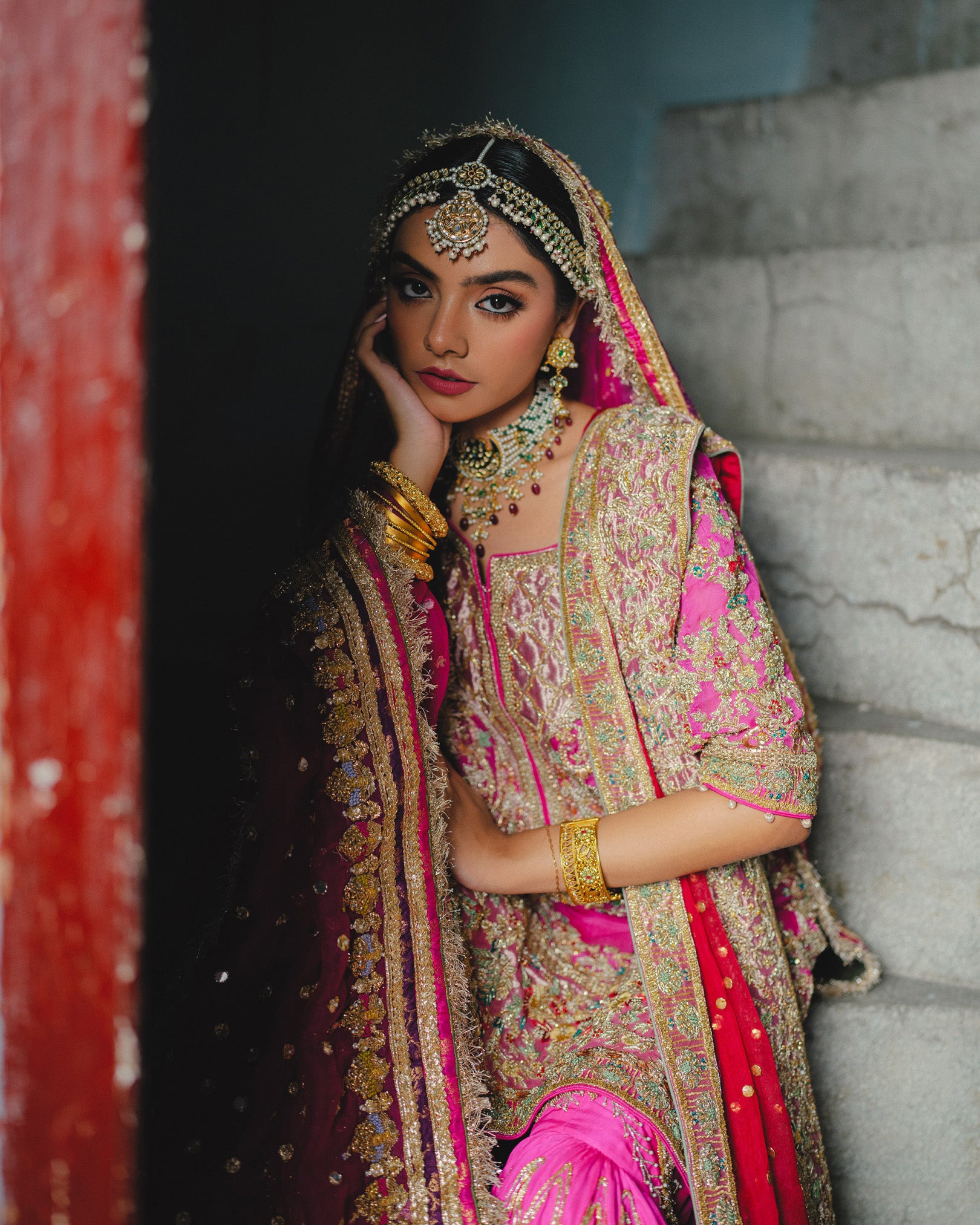 Pakistani Hot Pink Hand-Embellished Silk Bridal Lehenga (3-Piece) - Image 4