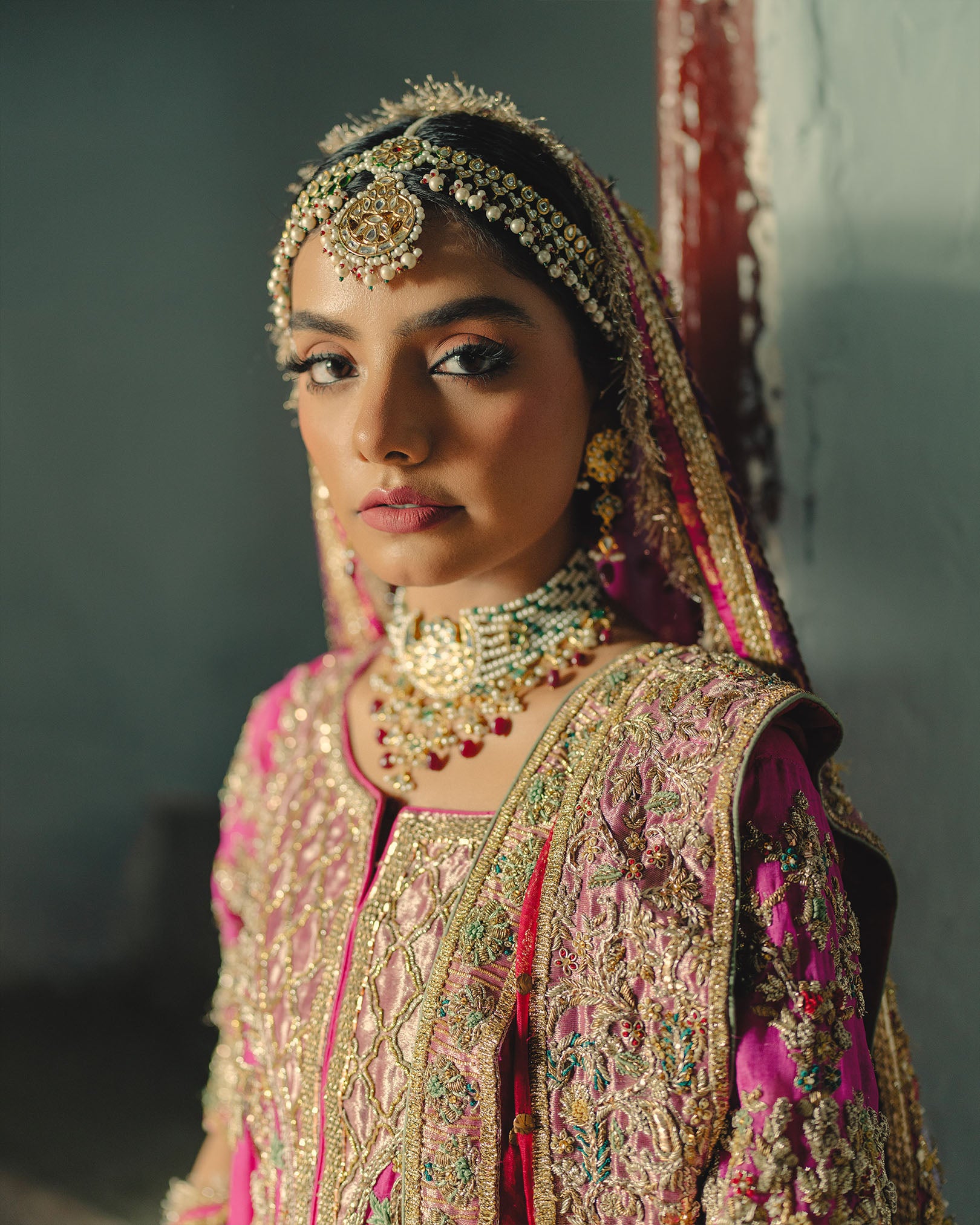 Pakistani Hot Pink Hand-Embellished Silk Bridal Lehenga (3-Piece) - Image 5