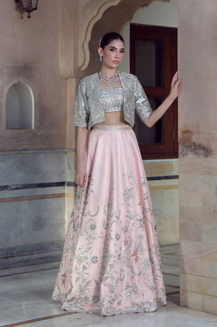 Indian Silver Hand-Embroidered Masoori Jacket with Pink Jamawar Lehenga (3-Piece) - Image 1