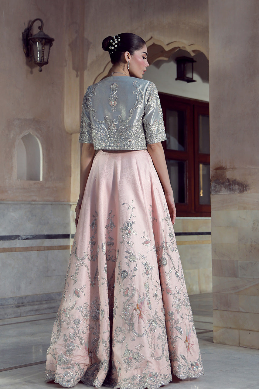 Indian Silver Hand-Embroidered Masoori Jacket with Pink Jamawar Lehenga (3-Piece) - Image 2